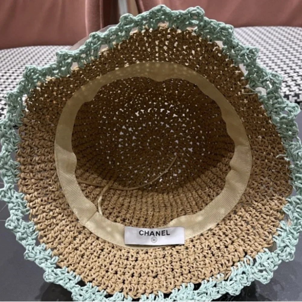 Chanel Kids Straw Hat with Black and Mint Accents